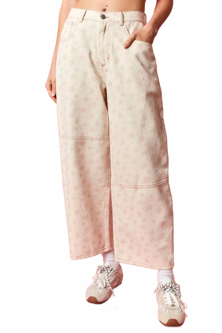 NEW PEACH LOVE ditsy floral barrel pants in soft ecru